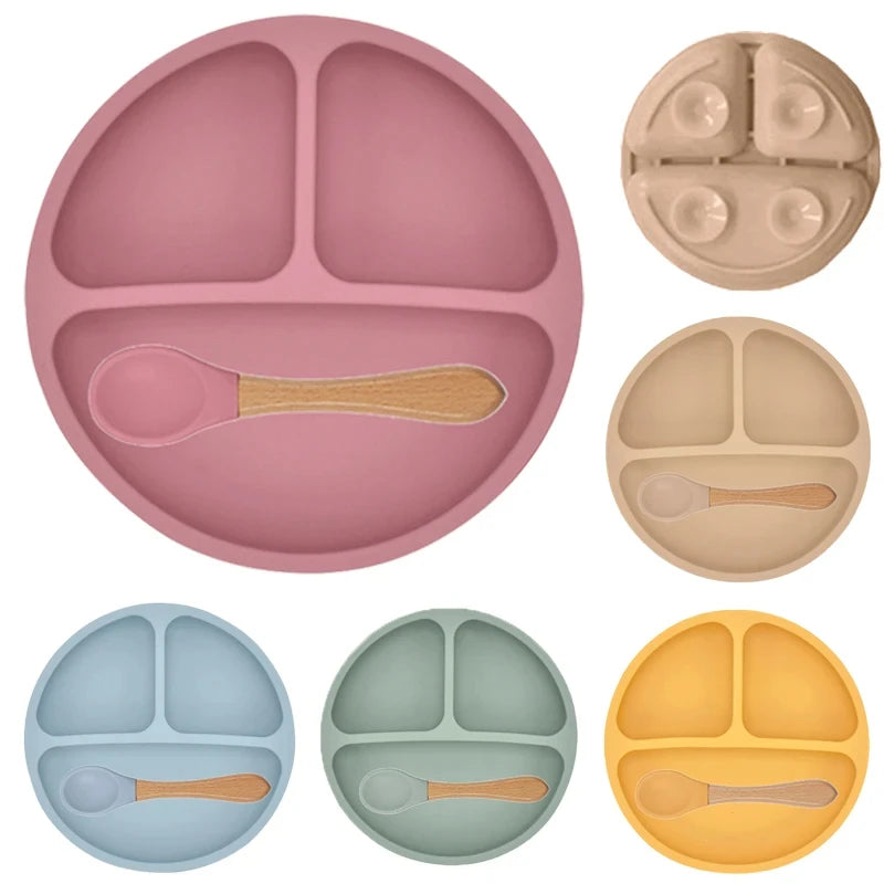 2024New Baby Safe  Silicone Suker Plate Cartoon Children Dishes Feeding Toddler Training Tableware Retro Kids Smile Face Plate