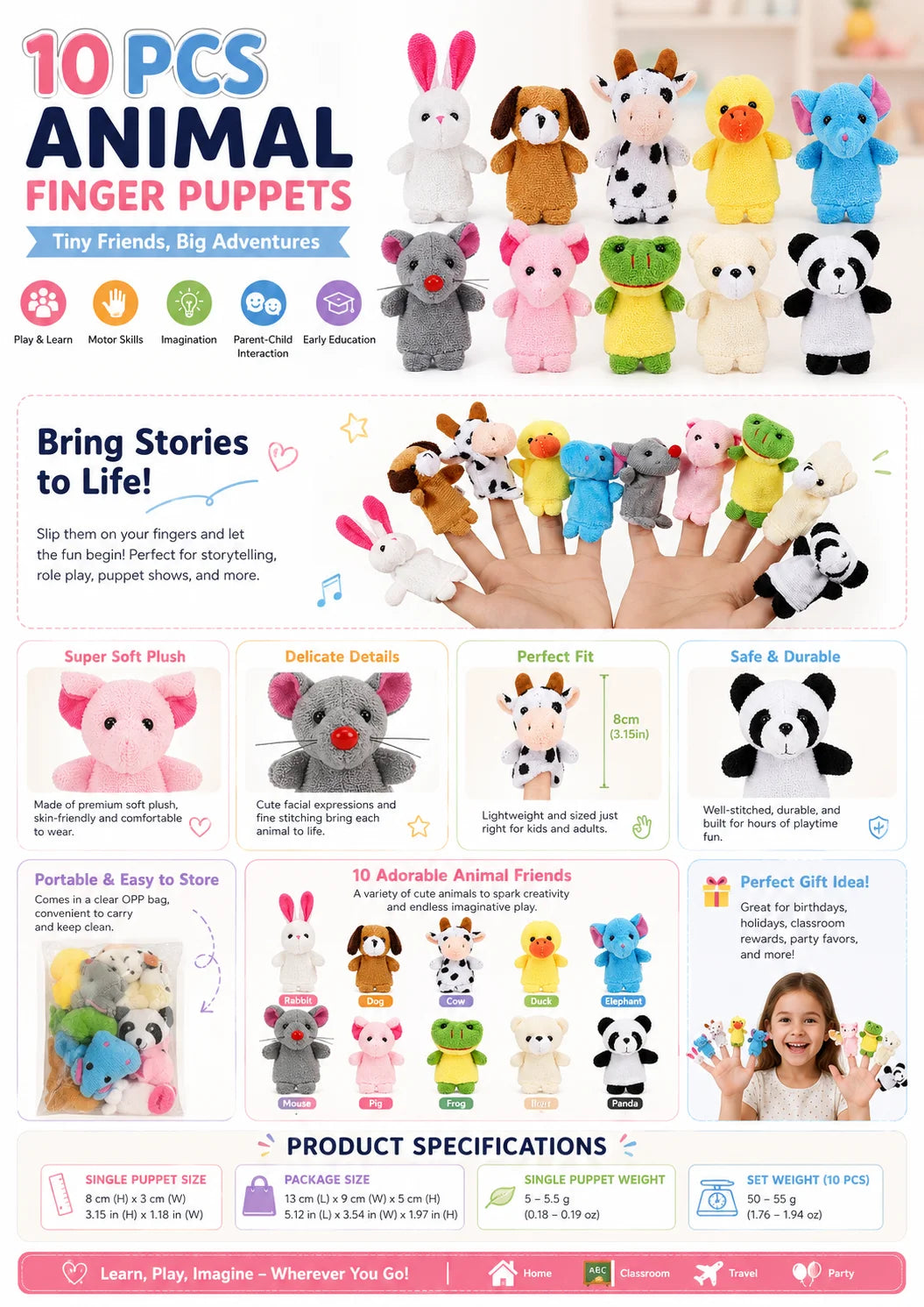 10Pcs Baby Finger Puppet Plush Toy Cartoon Animal Family Role Play Tell Story Cloth Doll Educational Toys For Children Kids
